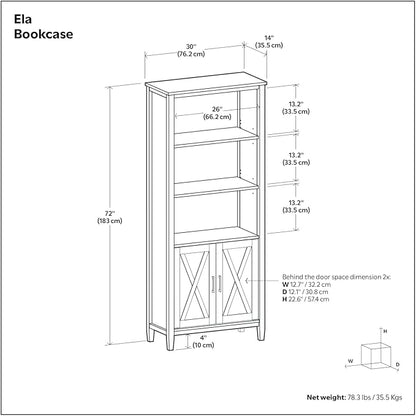SIMPLIHOME Ela Bookcase - 72 inch Tall 5-Shelf Solid Wood Bookshelf in Smoky Brown, Transitional Storage for Living Room, Study Room or Office with Open Design and Sleek Panel Detailing