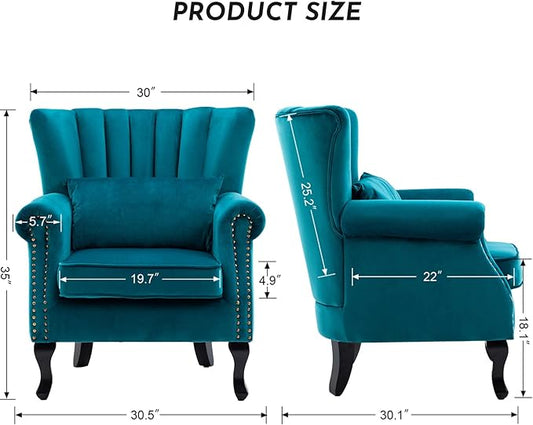 Accent Reading Arm Chairs Midcentury Modern Comfy Corner Sofa Chair, Wingback Waiting Room Club Chair with Tufted Back for Living Room/Bedroom/Reception Room, Velvet Teal