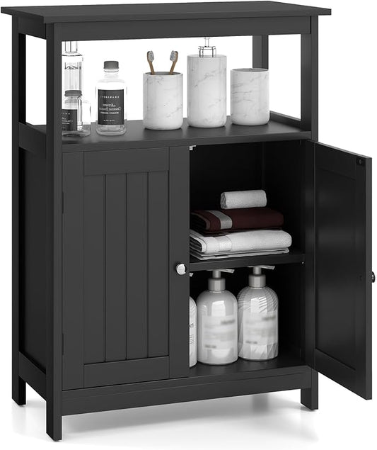 COSTWAY Bathroom Floor Storage Cabinet, Modern Wooden Freestanding Storage Organizer with 2 Doors, 3-Level Adjustable Shelf, for Entryway, Living Room, Kitchen (Black)