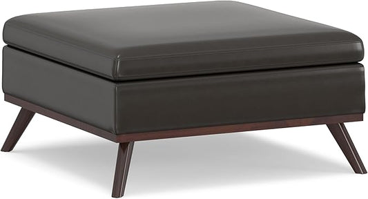 SIMPLIHOME Owen 36 inch Wide Mid Century Modern Square Coffee Table Storage Ottoman in Tanners Brown Vegan Faux Leather, Assembled, for the Living Room, Entryway and Family Room