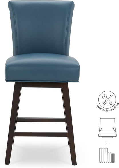 CHITA 26 Inch Counter Height Swivel Bar Stools Set of 2, FSC Certified Modern Upholstered Faux Leather Swivel Barstool Chair with Back, Blue
