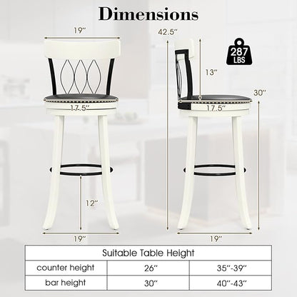 COSTWAY Bar Stools Set of 2, 30” Seat Height Swivel Barstools with Ergonomic Backrest, Soft Cushion & Footrest, Rubber Wood Bar Height Bar Chairs Upholstered Dining Chairs for Kitchen Island