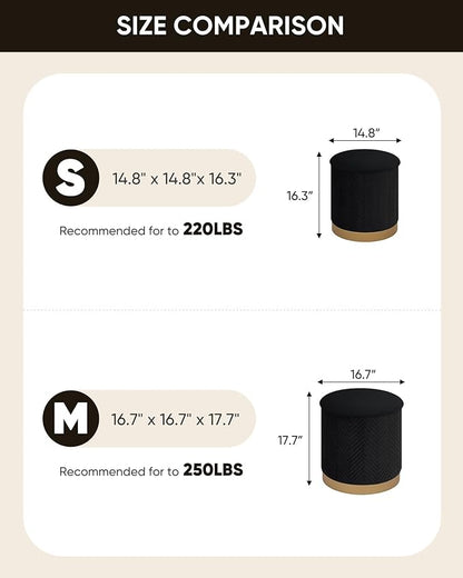 B FSOBEIIALEO Ottoman with Stroage, Round Velvet Storage Ottoman with Gold Plating Base,Foot Rest Stool for Dorm Room, Living Room Black, 14.76"x14.76"x16.35"