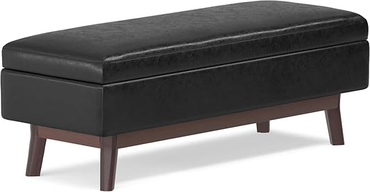 SIMPLIHOME Owen 48 inch Wide Mid Century Modern Rectangle Rectangular Storage Ottoman in Distressed Black Vegan Faux Leather, Assembled, for the Living Room, Entryway and Family Room