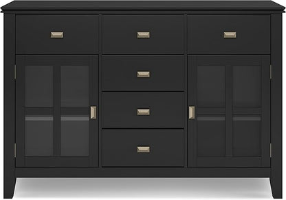 SIMPLIHOME Artisan Buffet - 54 inch Wide Solid Wood 3-Door Sideboard Buffet in Black, Contemporary Storage Cabinet for Dining Room or Kitchen with Adjustable Shelves and Bronze Hardware