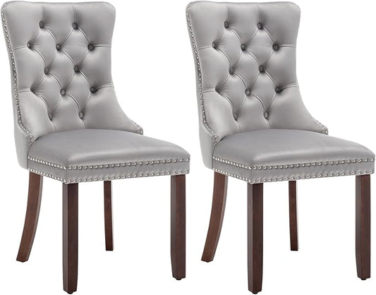 Velvet Dining Chairs Set of 2, Tufted Dining Room Chairs with Nailhead Ring Pull Trim, Upholstered Dining Chairs with Solid Wood Legs for Kitchen Dining Room (Light Grey)
