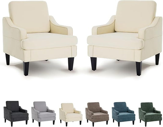 Modern Accent Chairs Set of 2 Upholstered Reading Chair for Bedroom with Side Pockets Comfy Living Room Chairs Living Room Armchair for Office, Apartment (Beige)