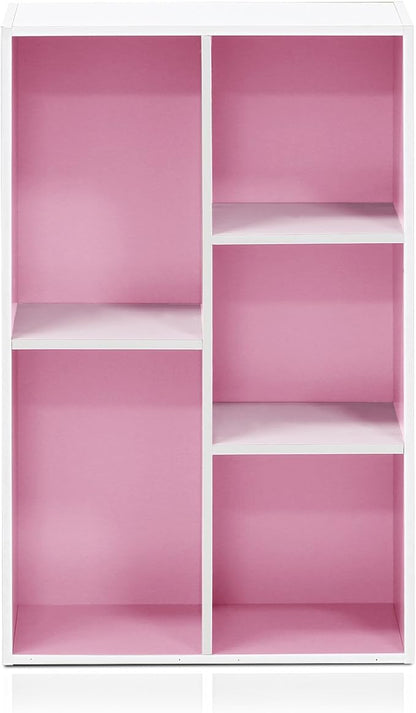 Furinno LUDER Book Shelf, 5-Cube Bookshelf, Reversible Bookcase, 9.4 x 19.5 x 31.5, for Living Room, Bedroom, Home Office, White/Pink