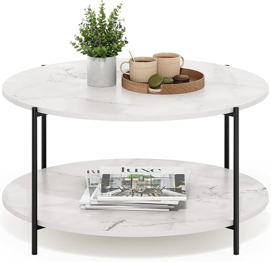 Furinno BESI Coffee Table, 2-Tier Round Modern Coffee Table with Metal Legs, Metal Frame Side Table with Open Shelf, for Living Room, Bedroom, Home Office, Marble White