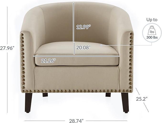 BELLEZE Accent Barrel Chair, Modern Tub Club Chair Upholstered Armchair with Gold Nail Head Trim and Black Legs for Living Room Bedroom Apartment Lounge - Beige/Linen
