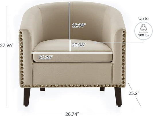 BELLEZE Accent Barrel Chair, Modern Tub Club Chair Upholstered Armchair with Gold Nail Head Trim and Black Legs for Living Room Bedroom Apartment Lounge - Beige/Linen