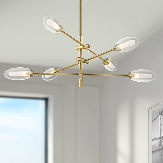 Possini Euro Design Evelyn 33" Modern Chandelier Ceiling Light Fixture Dining Room Over Table Kitchen Island Foyer Sputnik Hanging 6-Light LED Dimmable Brushed Gold Finish Glass Hallway Large