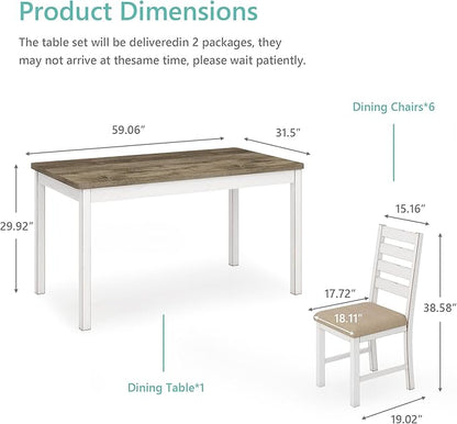 Farmhouse Dining Table Set for 6 Person, 59" Kitchen Table Set with 6 Upholstered Chairs, White Rectangular Dinner Room Table & Chairs Set Rustic Wood Stable (6 Chairs)