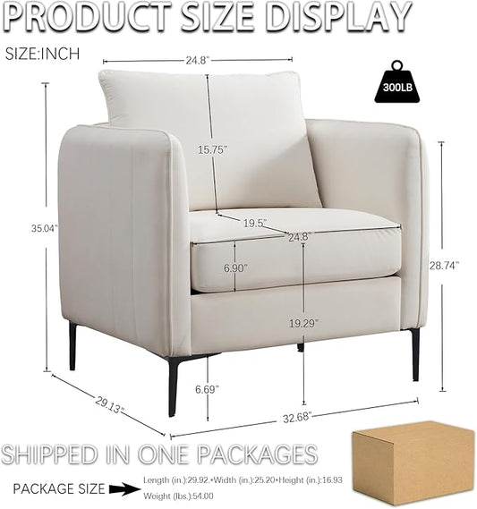 Velvet Accent Chairs Set of 2, Comfy Upholstered Single Sofa Chair Mid-Century Modern Armchair with Thick Cushion and Wood Frame Side Chair for Living Room Bedroom Apartment (Ivory)