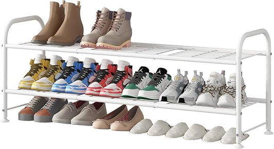 LINZINAR Shoe Rack Long 2 Tier Shoe Storage Organizer Metal Wide Shoe Shelf for Closet Entryway Bedroom 18 Paris Large Capacity, White