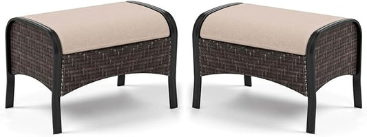 MFSTUDIO Outdoor Patio Furniture Set, 2 Piece Rattan Wicker Outdoor Ottoman, Metal Patio Ottoman for Garden Backyard