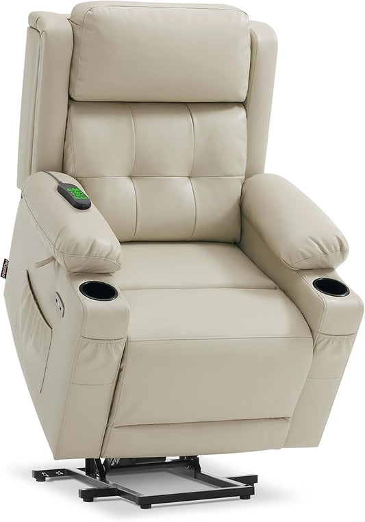MCombo Lay Flat Triple Motor Power Lift Recliner Chair Sofa with Heat and Massage, Adjustable Headrest for Elderly, Infinite Position, Faux Leather 7661 (Beige, Medium)
