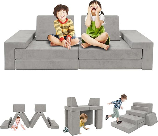 Modular Kids Play Couch,Kid Couches for Toddler & Children,Child Sectional Sofa Fort Building for Playroom Furniture,Convertible Sofa for Boys & Girls, Grey