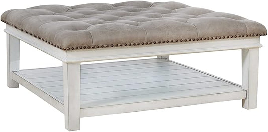 Signature Design by Ashley Kanwyn French Country Upholstered Square Ottoman Coffee Table, Whitewash