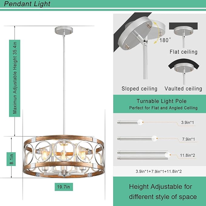 Semi Flush Mount Ceiling Light Fixture Ceiling Mount 6-Light Rustic Farmhouse Chandelier for Dining Room, Light Fixture Ceiling Round Metal Kitchen Light Fixtures Ceiling Mount