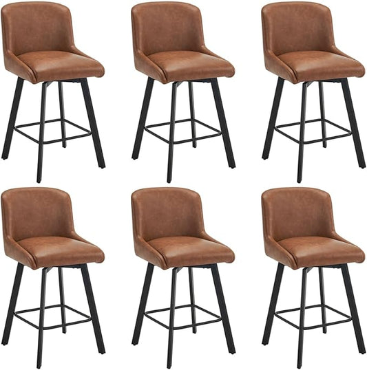 Swivel Bar Stools Set of 6, 26''H Upholstered Barstools with Backs, Modern Counter Height Bar Stool Chairs for Kitchen Island, Metal Legs, Faux Leather, Brown Counter Stools