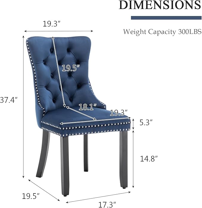 Velvet Dining Chairs Set of 2, Tufted Dining Room Chairs with Nailhead Ring Pull Trim, Upholstered Dining Chairs with Solid Wood Legs for Kitchen Dining Room (Blue)