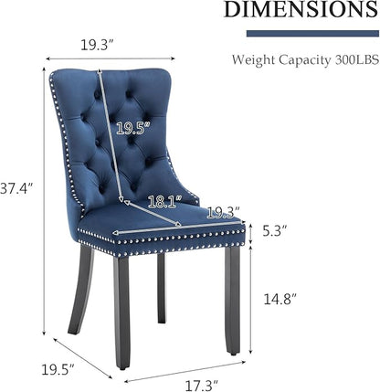 Velvet Dining Chairs Set of 2, Tufted Dining Room Chairs with Nailhead Ring Pull Trim, Upholstered Dining Chairs with Solid Wood Legs for Kitchen Dining Room (Blue)