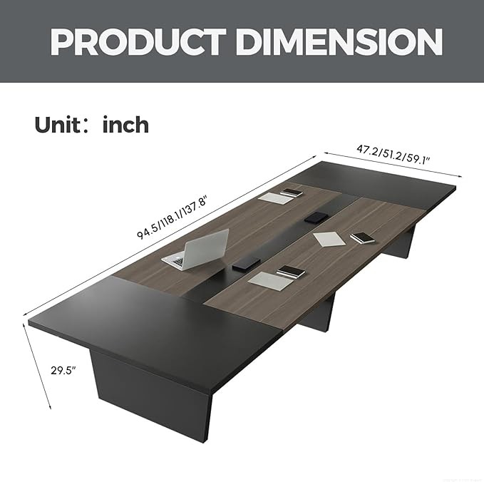 Modern Conference Table with Cable Management, Thickened Top & Trapezoidal Legs – Office Meeting Table for Executive Workspaces (Oak+Gray, 138" L