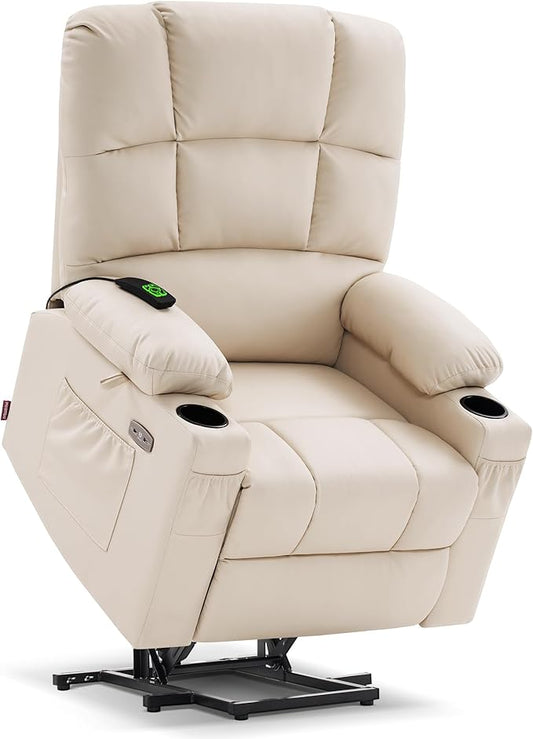 MCombo Large Dual Motor Power Lift Recliner Chair for Elderly, Massage and Heat, Lay Flat, Zero Gravity, Home Button, USB Port, Faux Leather 7680 (Cream White, Large)
