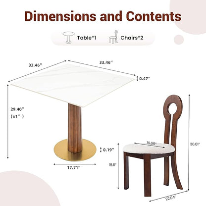 Sintered Stone Square Office Table and Chair Set - Meeting Table for Small Offices (Dark Brown Leg and White Top, 1 Table and 2 Chairs)