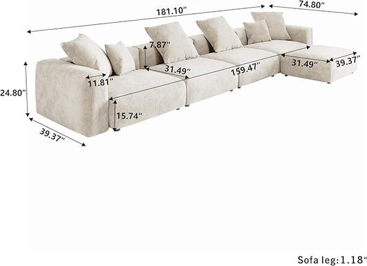 Oversized Modular Sectional Sofa with Ottomans,5 Seater Corduroy L Shaped Reversible Corner Couch,181.1" Convertible Sofa & Couch Free Combination for Living Rooom,Beige
