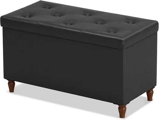 GLAXYFUR 30 Inches Storage Ottoman Bench with Wooden Legs, Faux Leather Folding Ottoman Foot Rest, Storage Bench for Living Room, Hallway & Bedroom, Black