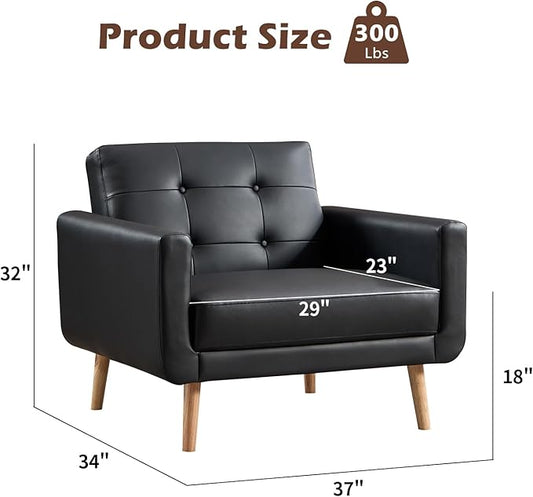 CANMOV 29" W Oversized Leather Accent Chair, Armchair Button Back, Mid Century Modern Accent Chairs for Living Room, Modern Upholstered Bed Room Chair Cozy Armchair with Wood Legs, Black