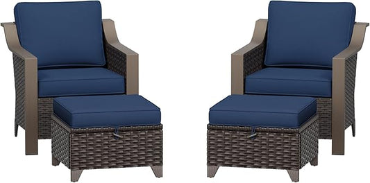 Patio Metal Wicker Chairs with Ottomans Set of 2, Outdoor Conversation Furniture Set - 2 Armchairs | 2 Wicker Ottomans, Removable Cushions, PE Rattan, Front Porch (Navy Blue)