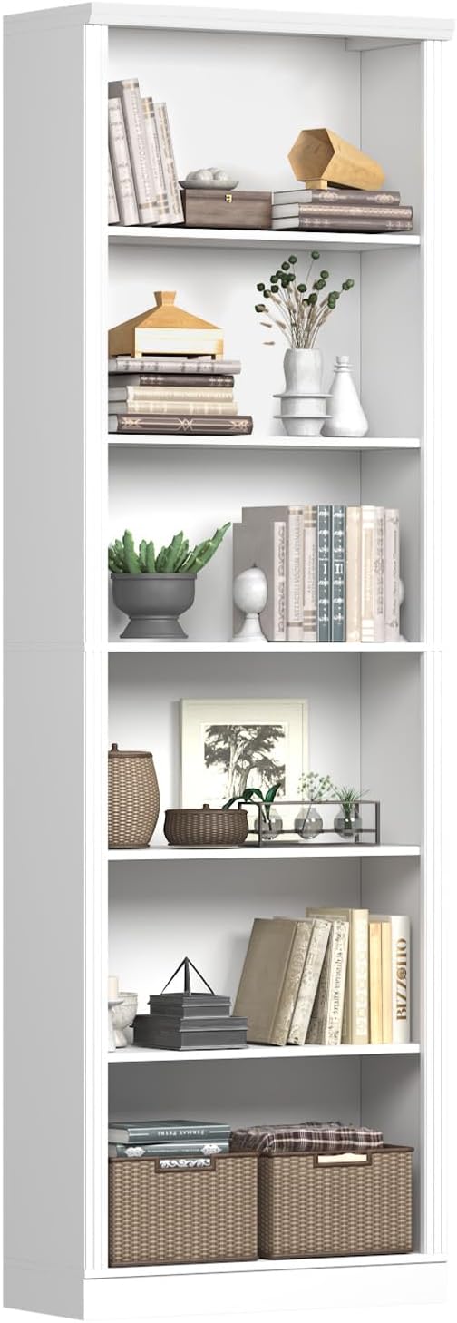 75" Tall Bookshelf & Bookcase, 6-Tier Adjustable Storage Shelves, Book Shelf with Anti-Tipping Device, Floor Standing Modern Display Rack for Living Room, Bedroom, Office, White