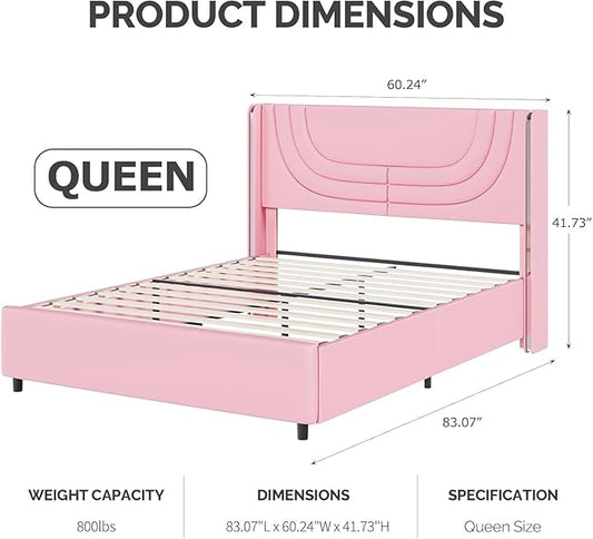 Queen Bed Frame with LED Lights, Faux Leather Upholstered Bed with Wingback Headboard, Modern Bed Frame, No Box Spring Needed, Easy Assembly, Pink