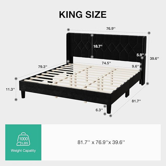 Novilla King Bed Frame, King Bed Frame with Headboard, Velvet Upholstered Pull-Point Wing Side Headboard, No Box Spring Needed, Heavy Duty Feet, Easy Assembly, Black Velvet