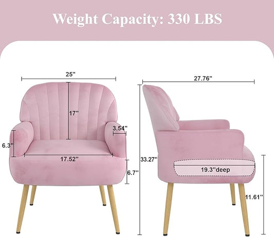 Velvet Accent Chair, Upholstered Modern Leisure Single Sofa Side Chair, Comfy Tufted Back Armchair with Metal Legs for Living Room/Bedroom/Office/Reading Room, Pink