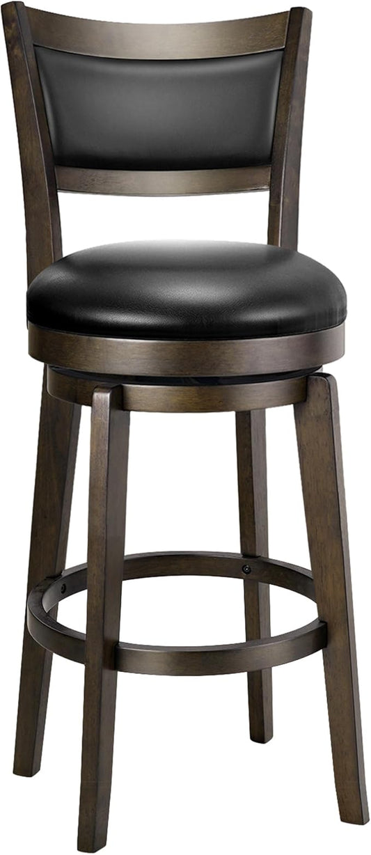 PrimeZone Swivel Bar Stools Set of 1, 26 Inch Counter Height Barstools, Black Faux Leather Bar Stool with High Backrest & Solid Wood Legs & Wrap-around Footrest, Counter Stools for Kitchen Island, Pub