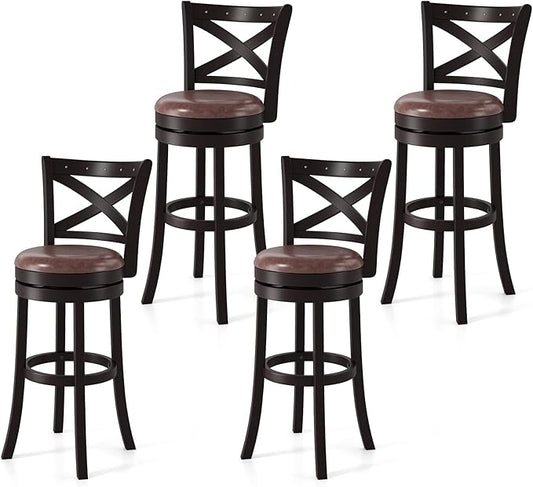 COSTWAY Bar Stools Set of 4, 30" Swivel Bar Height Bar Chairs with Copper Nails, Upholstered Seat, X-Shaped Backrest, Solid Rubber Wood Frame, for Kitchen Island Pub Bar