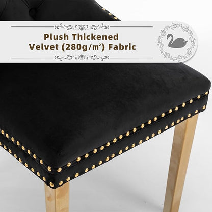 Velvet Upholstered Dining Chairs Set of 6, Modern Style Kitchen Side Chairs with Nailhead Trim and Gold Plated Leg, Metal Pulling Ring for Dining Room Living Room(Black, Set of 6)