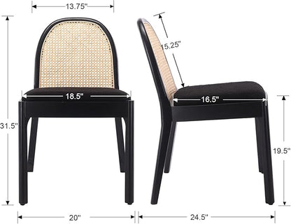 Rattan Dining Chairs Set of 6, Modern Dining Room Chairs with Cane Back Comfy Accent Sherpa Chair Upholstered Boucle Chair for Kitchen/Restaurant/Living Room, Black