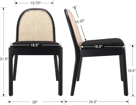 Upholstered Wooden Dining Chairs Set of 2, Farmhouse Kitchen & Dining Room Chairs with Cane Back, Accent Rattan Dining Table Chairs Sherpa Seat for Kitchen/Restaurant/Living Room, Black