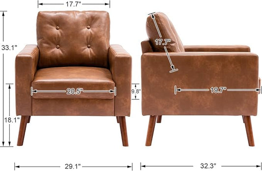 Wahson Accent Chairs Set of 2, Faux Leather Tufted Single Sofa, Brown Oversized Club Chair, Mid Century Modern Armchair with Wood Legs for Reading/Living Room/Bedroom