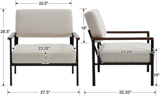 Mid Century Modern Accent Chair Arm Chairs, Comfy Armchair Linen Upholstered with Black Metal, Beige