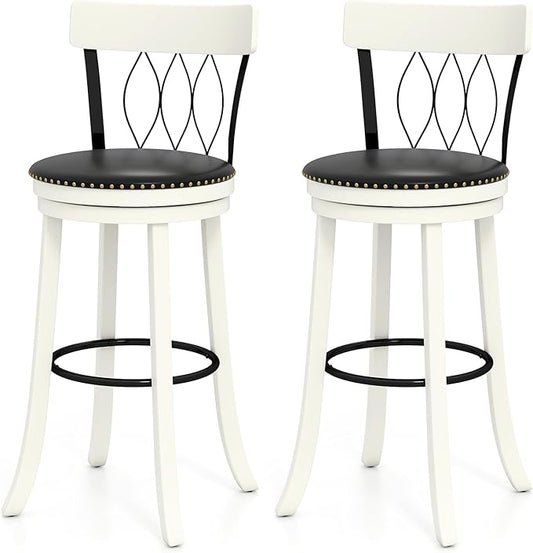 COSTWAY Bar Stools Set of 2, 30” Seat Height Swivel Barstools with Ergonomic Backrest, Soft Cushion & Footrest, Rubber Wood Bar Height Bar Chairs Upholstered Dining Chairs for Kitchen Island