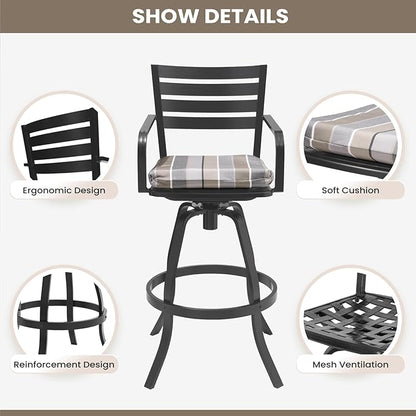 Pellebant Outdoor Swivel Barstools Set of 6, Aluminum 29.5" Bar Height Stool Chairs with Back & Footrest,Rust-Proof Tall Patio Bar Stools for Deck Lawn Garden,Milano Char