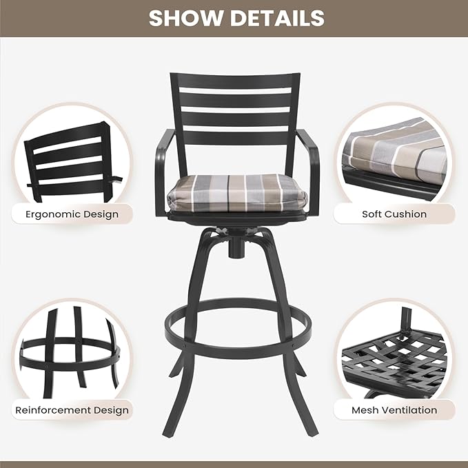 Pellebant 29.5" Outdoor Bar Stools Set of 8, Aluminum Swivel Patio Bar Height Stools with Footrest & Backrest,Rust-Proof Patio Stool Chairs for Deck Lawn Garden,GardenMilano Char