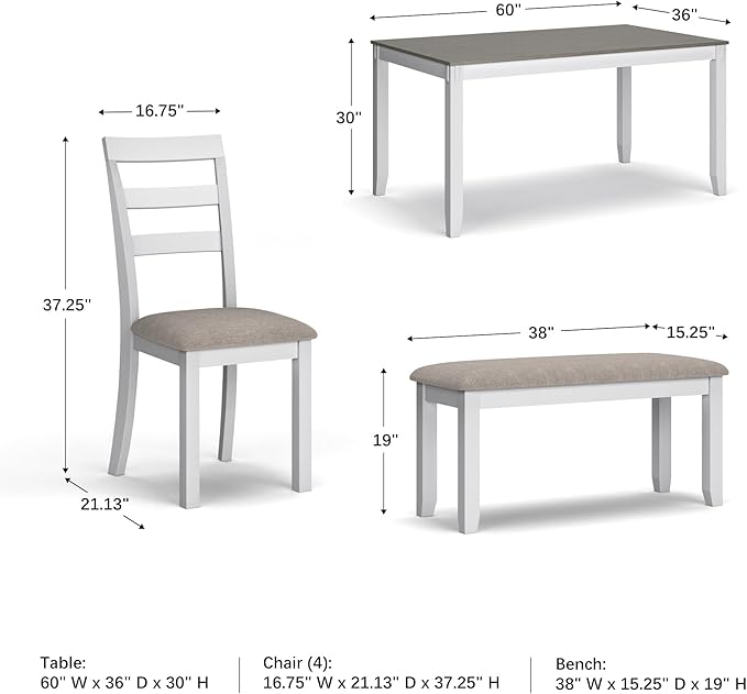 Signature Design by Ashley Stonehollow Casual Rectangular Dining Room Table Set with 4 Chairs and Bench, Set of 6, Foam Cushions, Wood, White and Gray
