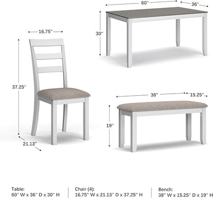 Signature Design by Ashley Stonehollow Casual Rectangular Dining Room Table Set with 4 Chairs and Bench, Set of 6, Foam Cushions, Wood, White and Gray